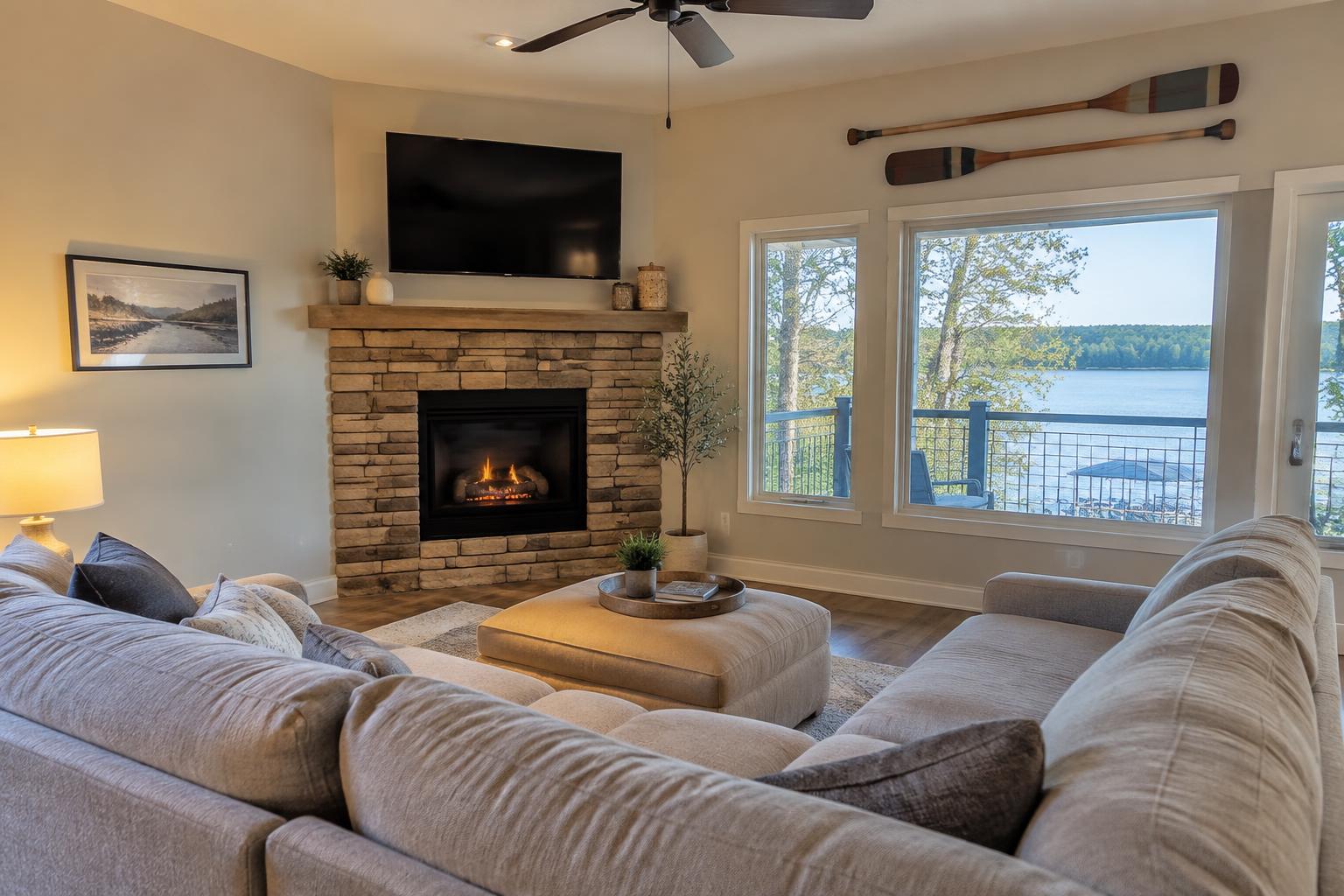 Tidy lake rental living room with a view of the water through large windows