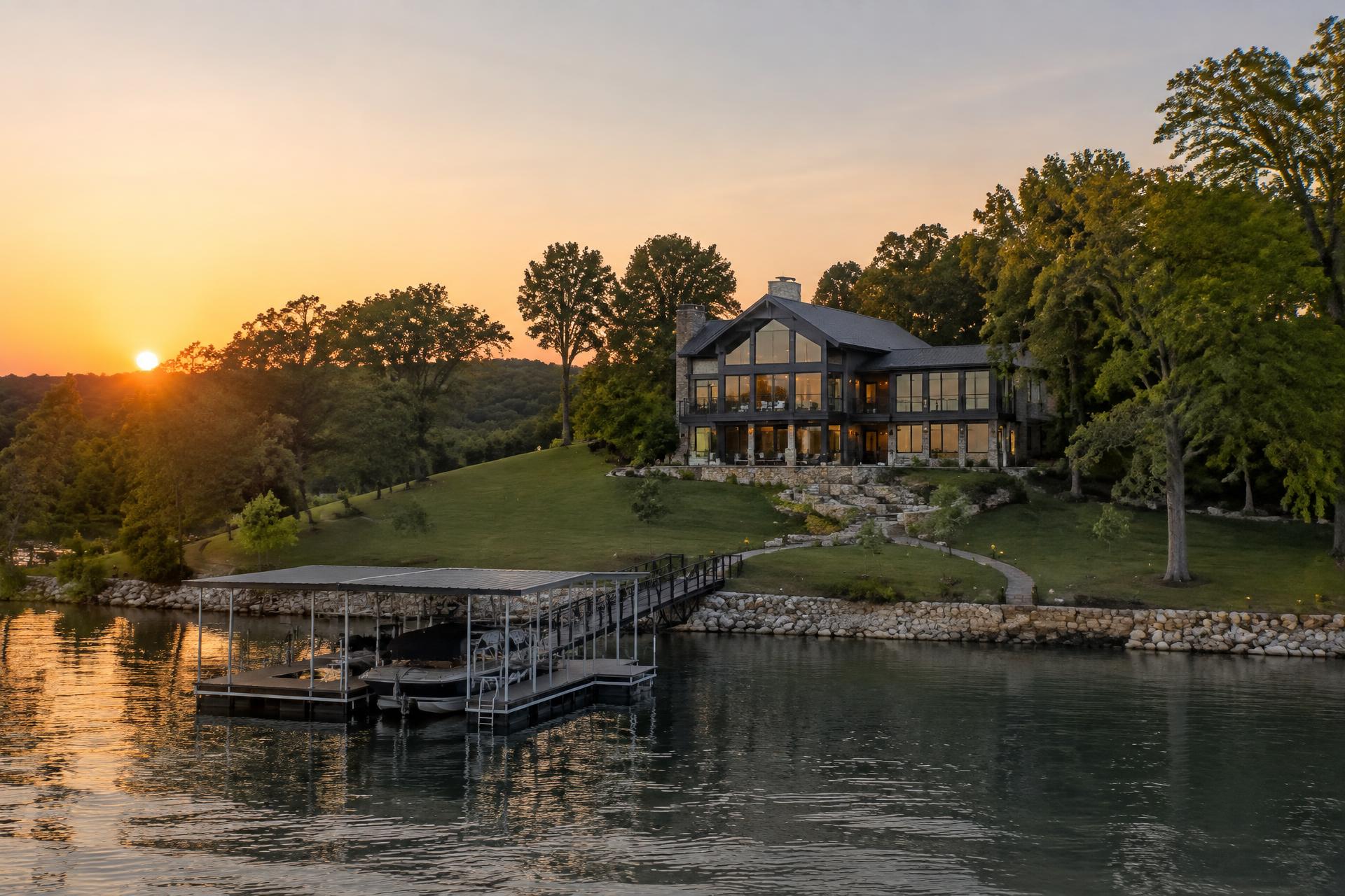 Well-maintained Missouri lake house with a private dock at golden hour